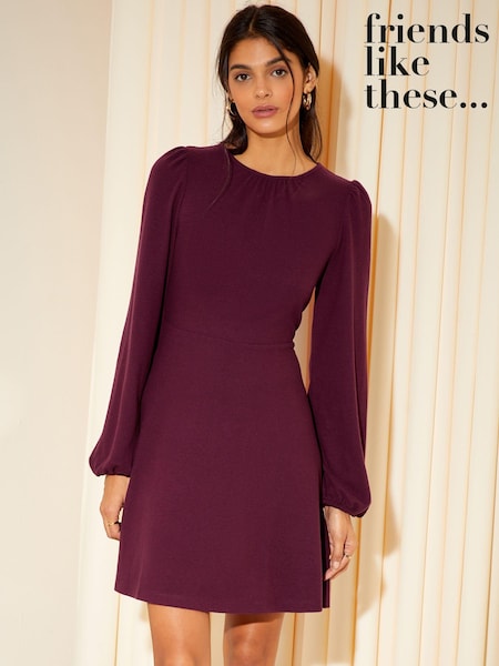 Friends Like These Berry Red Knit Soft Touch Ruched Long Sleeve Mini Dress (K67983) | €25
