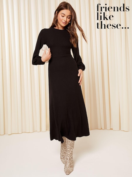 Friends Like These Black Knitted Rib A Line Cosy Midi Dress (K67987) | €13