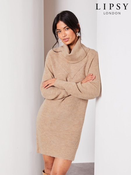 Lipsy Neutral Long Sleeve Cowl Neck Knitted Jumper Dress (K68312) | €30