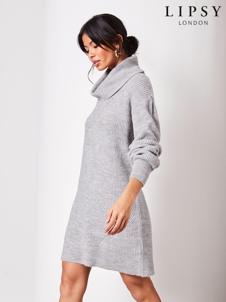 Серый - Lipsy Long Sleeve Cowl Neck Knitted Jumper Dress (K68313) | €11