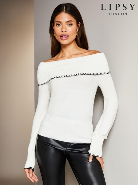 Lipsy Ivory White Bardot Whipstitch Knitted Jumper (K68338) | €33