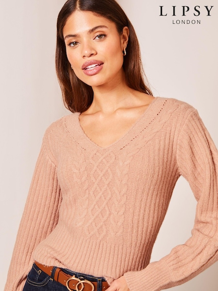Lipsy Pale Pink Petite V Neck Cable Knitted Jumper (K68633) | €11