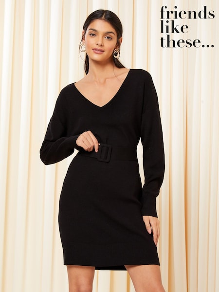 Черный - Friends Like These V Neck Belted knitted Dress (K69106) | €13