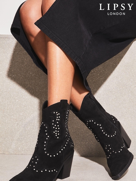 Lipsy Black Mid Heeled Zip Up Studded Western Ankle Boot (K69155) | €33