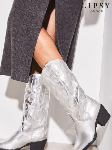 Lipsy Silver Pull On Calf Pointed Western Cowboy Heel Boot (K69160) | €55
