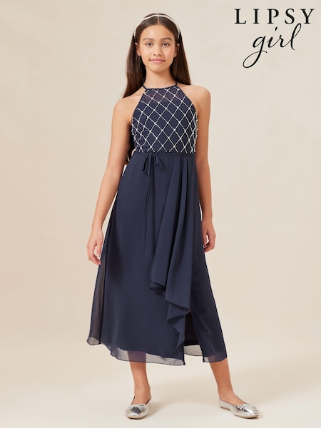 Lipsy Navy Blue Strap Maxi Pearl Occasion Dress (7-16yrs) (K69260) | €40.50 - €48