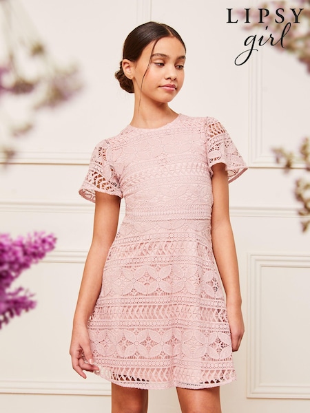 Roz - Dantelă rochie de ocazie cu mânecă evazată Lipsy (K69269) | 155 LEI - 188 LEI
