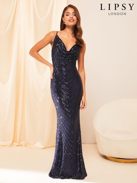 Lipsy Navy Blue Tall Paige Sequin Cami Cowl Bridesmaid Dress (K69294) | €100