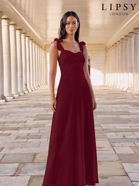Lipsy Berry Red Bridesmaid Tie Strap Corset Detail Maxi Dress (K69301) | €25