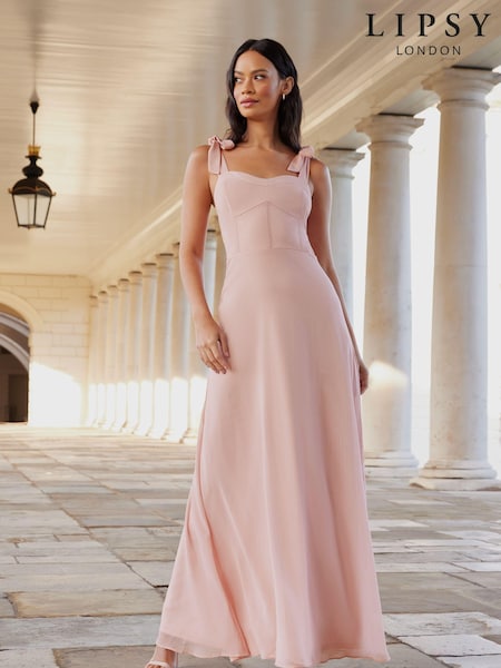 Lipsy Blush Pink Bridesmaid Tie Strap Corset Detail Maxi Dress (K69302) | €40