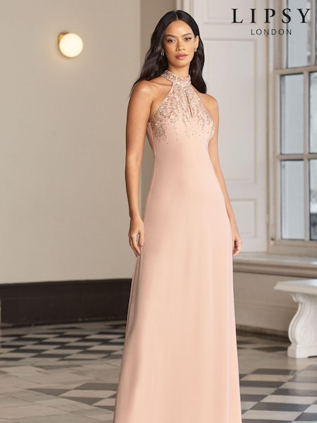 Розовый - Lipsy Bridesmaid Halterneck Embellished Keyhole Maxi Dress (K69304) | €26