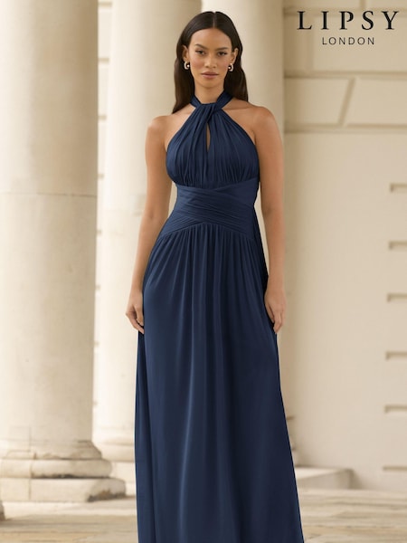 Lipsy Navy Blue Halterneck Keyhole Bridesmaid Maxi Dress (K69306) | €66