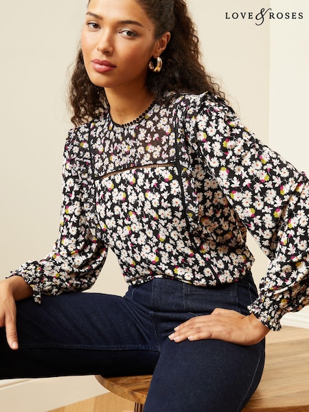 Love & Roses Long Sleeve Dobby Mix Jersey Blouse (K69767) | 121 LEI