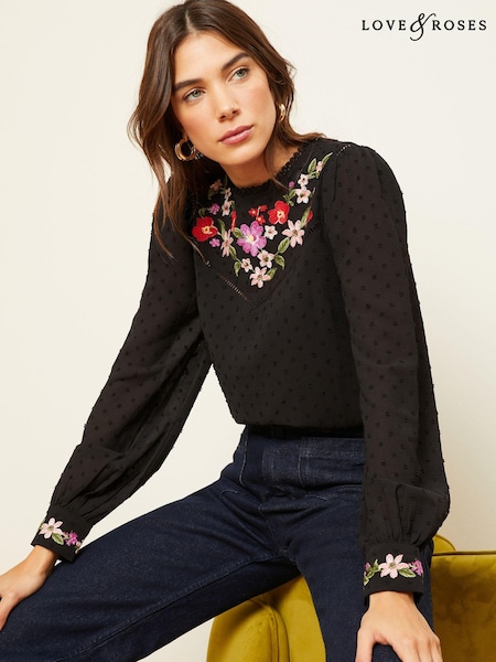 Broderie neagră - Bluză cu guler Dantelă și decorațiuni Mânecă lungă Love & Roses (K69770) | 139 LEI