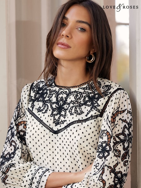 V&A | Love & Roses Embroidered Round Neck Puff Sleeve Blouse (K69771) | 143 LEI
