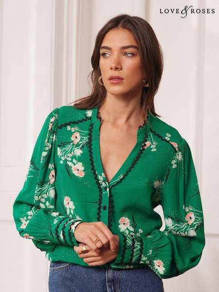 Verde cu flori - Cămașă cu imprimeu și tiv Guler în V Ric Rac Love & Roses (K69777) | 139 LEI
