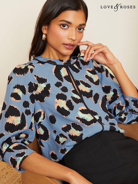 Синий со звериным принтом - Love & Roses Printed Tipped 3/4 Sleeve Keyhole Blouse (K69797) | €12
