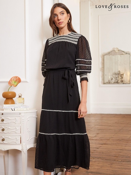Negru și alb - Rochie midi cu straturi suprapuse și detalii cusute contrastante Love & Roses Cu curea (K69878) | 207 LEI