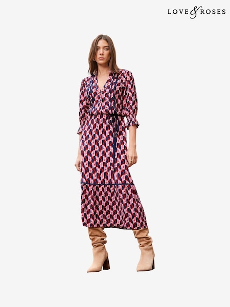 Love & Roses Printed V Neck Lace Trim Tiered Shirt Midi Dress (K69887) | 207 LEI