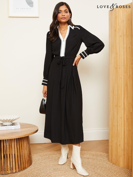 Love & Roses Contrast Detail Zip Belted Midi Dress (K69893) | 214 LEI