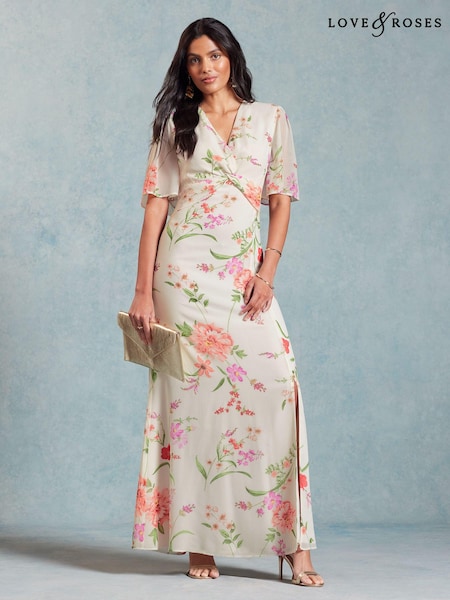 Love & Roses Twist Front Flutter Sleeve Lace Insert Maxi Dress (K69900) | 340 LEI