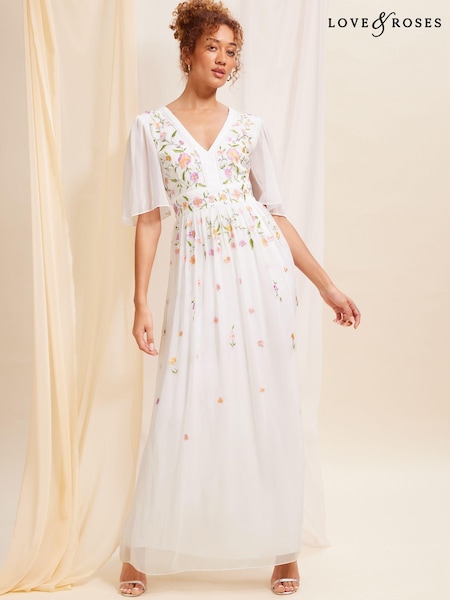 Love & Roses Ivory White Embellished Chiffon Flutter Sleeve Maxi Dress (K69902) | €51