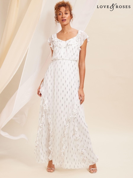 Fildeș alb - Rochie lungă cu fundă la spate și detaliu Love & Roses Metalic Volane (K69903) | 304 LEI