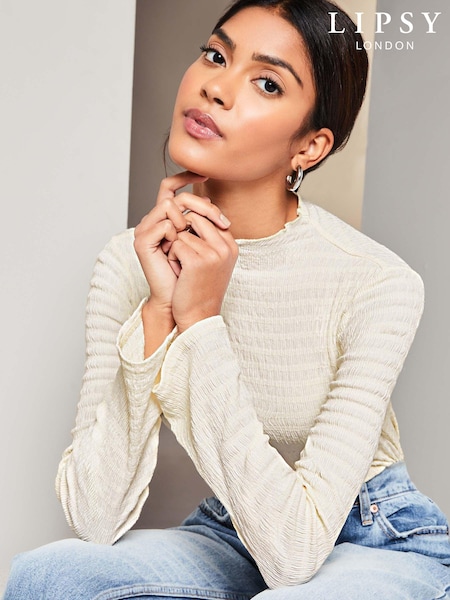Lipsy White Textured Wide Sleeve High Neck Rib Top (K69986) | €7