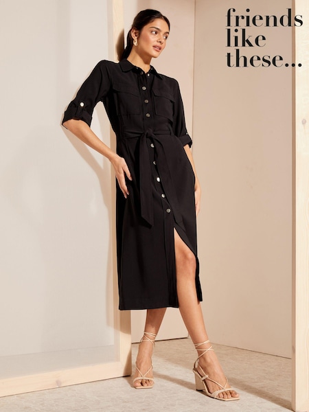 Friends Like These Black Petite Roll Sleeve Utility Tailored Dress (K70039) | €26