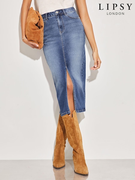 Lipsy Mid Wash Blue Petite Denim High Rise Split Front Midi Skirt (K70075) | €18