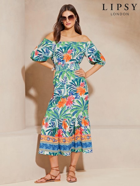 Lipsy Green Tropical Print Bardot Tiered Midi Holiday Dress (K70271) | AED123