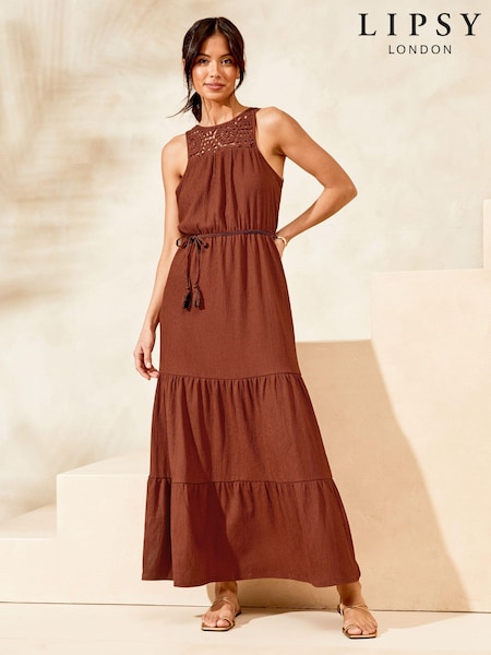 Коричневый - Lipsy Crochet Hybrid Racer Tiered Holiday Summer Cover Up Dress (K70277) | €13