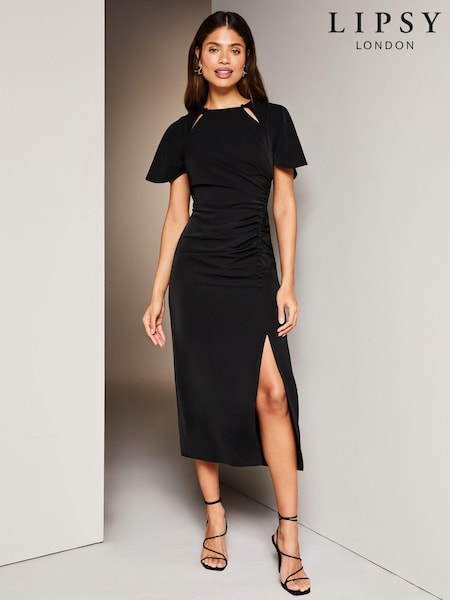 Черный - Lipsy Ruched Button Front Sleeved Midi Dress (K70400) | €18