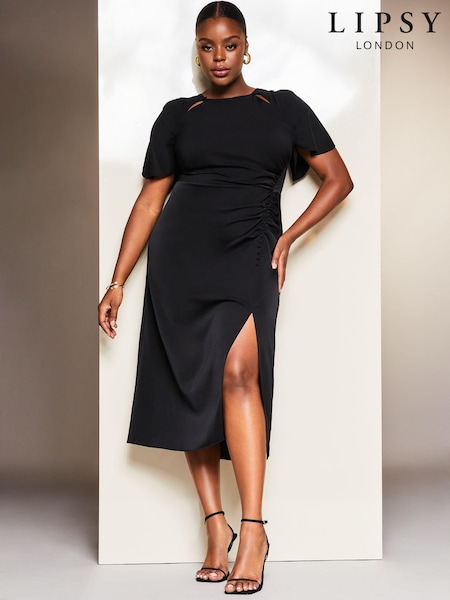 Lipsy Black Curve Ruched Button Front Sleeved Midi Dress (K70401) | OMR21