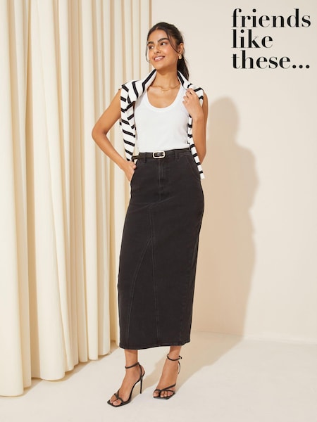 Friends Like These Black Godet Denim Maxi Skirt (K70583) | 94 QAR