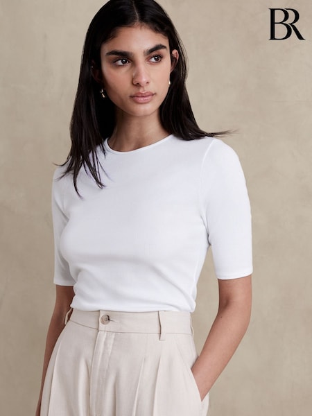 Banana Republic White Ribbed Half-Sleeve T-Shirt (K70685) | kr428