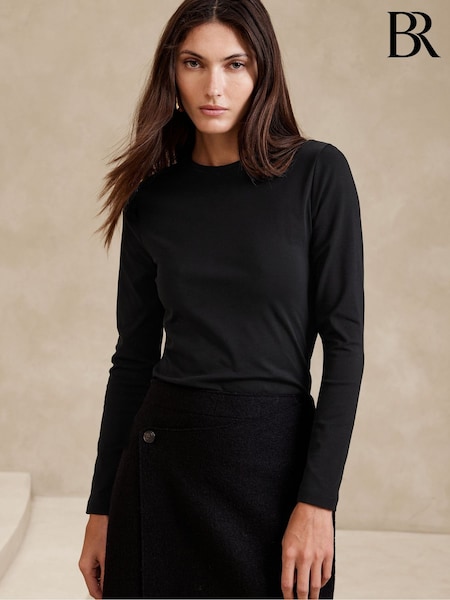 Musta - Banana Republic Refined Pyöreä kaula-aukko Pitkä hiha Top (K70687) | €55