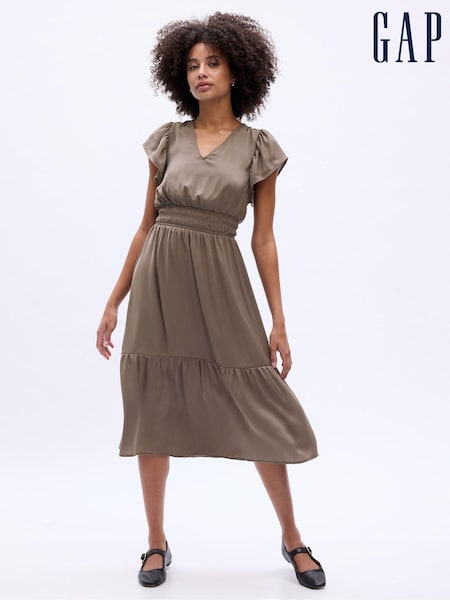 Gap Brown Satin Flutter Sleeve Midi Dress (K71082) | €25