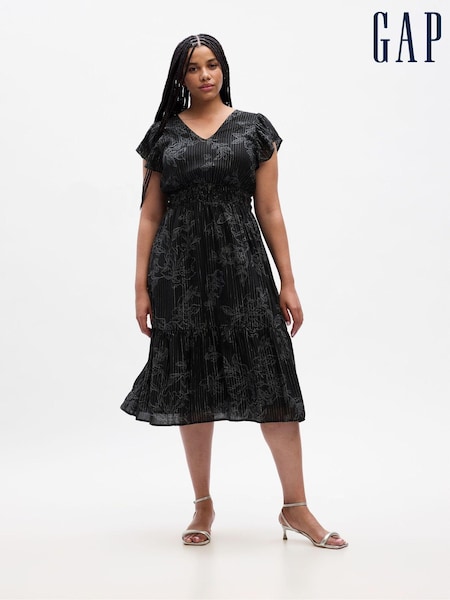 Gap Black Smocked Print Flutter Sleeve Midi Dress (K71085) | €12.50