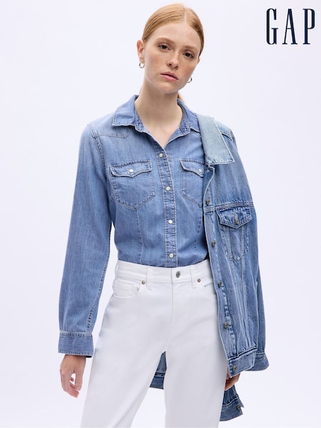 Gap Medium Wash Blue Slim Fit Denim Western Shirt (K71163) | €25