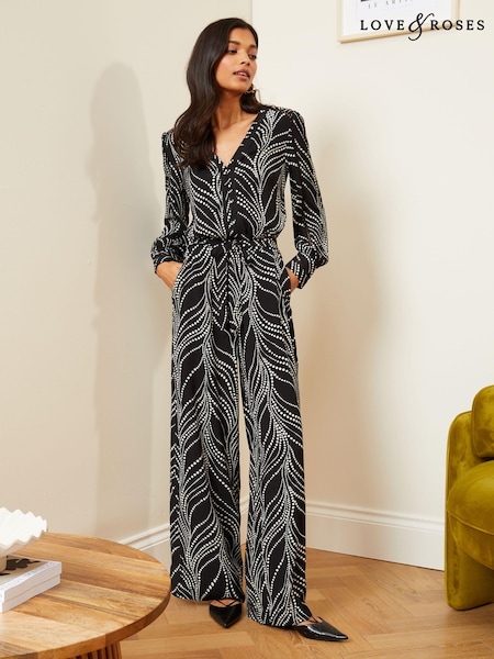 Love & Roses V Neck Printed Belted Wide Leg Jumpsuit (K71272) | €19