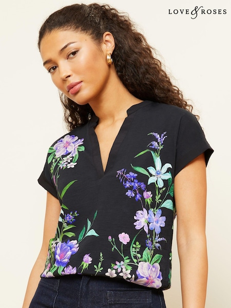 Love & Roses Black Floral Jersey V Neck Woven Trim Short Sleeve T-Shirt (K71419) | 1,682 UAH
