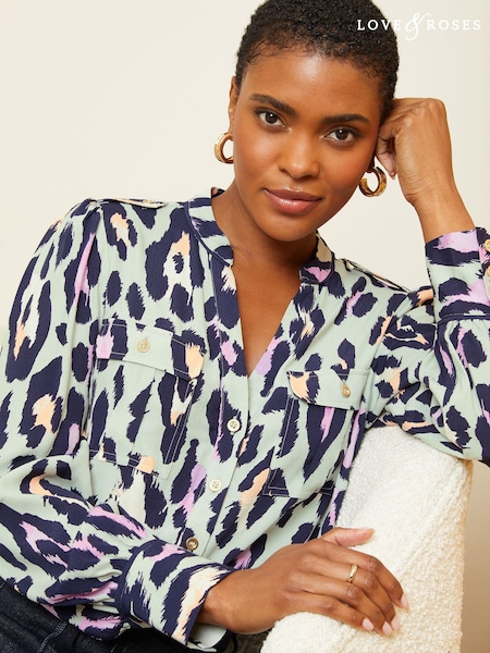 Love & Roses Grey Animal V Neck Utility Button Through Shirt (K71434) | €24