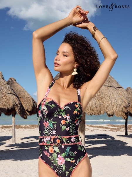 Love & Roses Tummy Control Belted Swimsuit (K71464) | 150 LEI