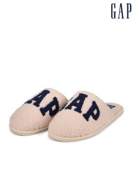 Cream and Navy Blue - Gap Women's Plano Logo Borg Slippers (K71777) | 160 zł