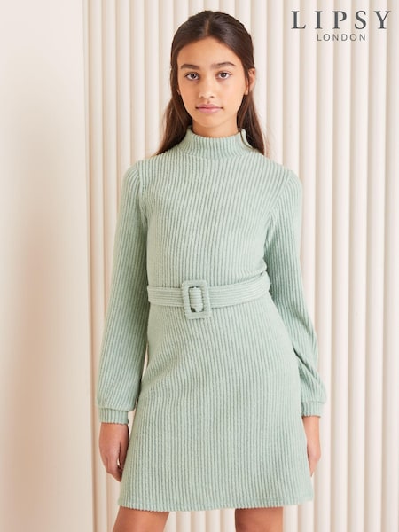 Lipsy Sage Green Cosy Rib Belted Dress (5-16yrs) (K72008) | €15.50 - €22