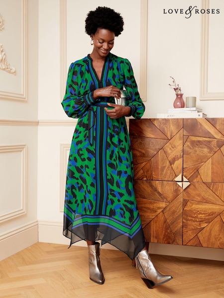Love & Roses Printed V Neck Belted Long Sleeve Midi Dress (K72093) | 258 LEI