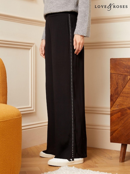 Love & Roses Black Stud Lightweight Side Trim Wide Leg Trousers (K72097) | €26