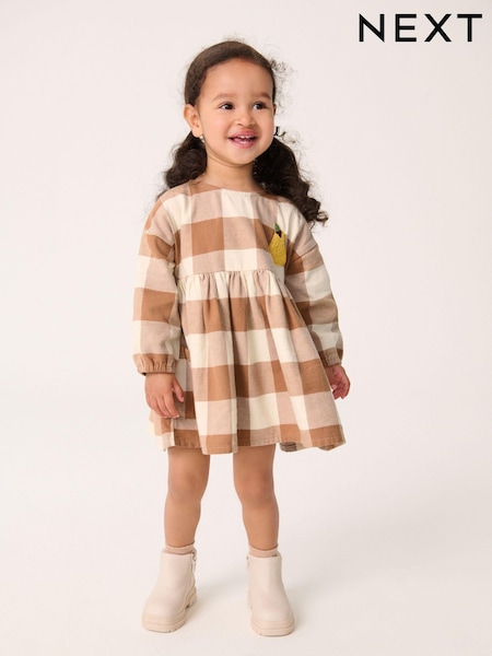 Cinnamon Brown 100% Cotton Embroidered Check Dress (3mths-8yrs) (K72132) | AED53 - AED74