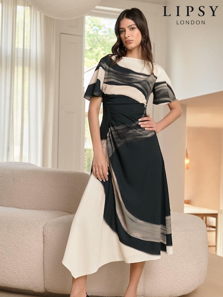 Lipsy Cream and Black Print Ruched Asymmetricalmetrical Flutter Sleeve Midi Dress (K72149) | €43